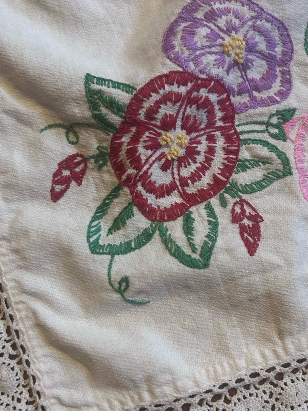 Vintage Floral Embroidered Table Runner in Cream, Pink, Blue, Green - Picture 7 of 7